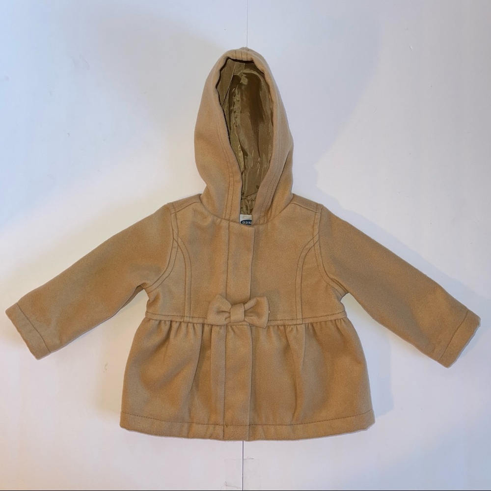 OLD NAVY 6-12 MONTHS INFANT BABY GIRL TAN BOW HOODED PEPLUM COAT
